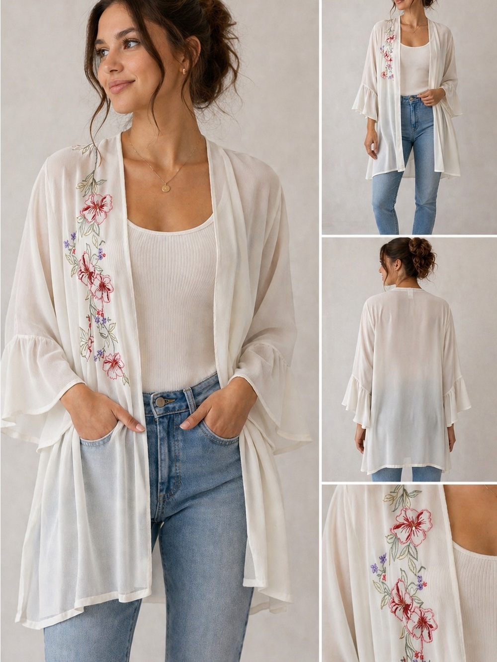 Boho Sheer Kimono Cardigan Ivory Floral Embroidered Duster Cover U